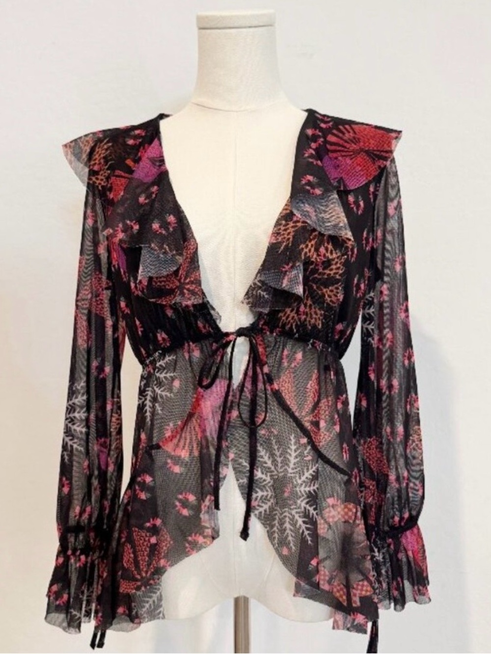 Desigual Pink Lua Ruffle Tulle Babydoll Tie Blouse Mesh Top Boho Bohemian Medium